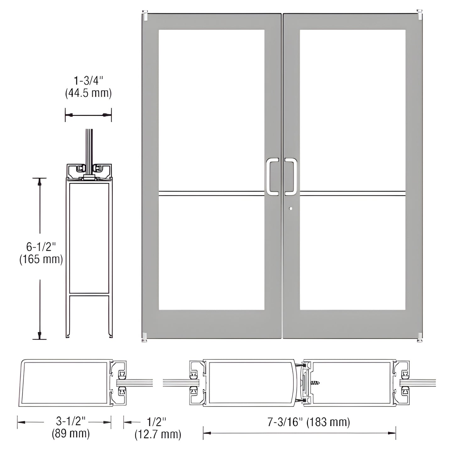 DC42211 Clear anodized medium stile commercial storefront double entrance door with glass panels and push/pull hardware