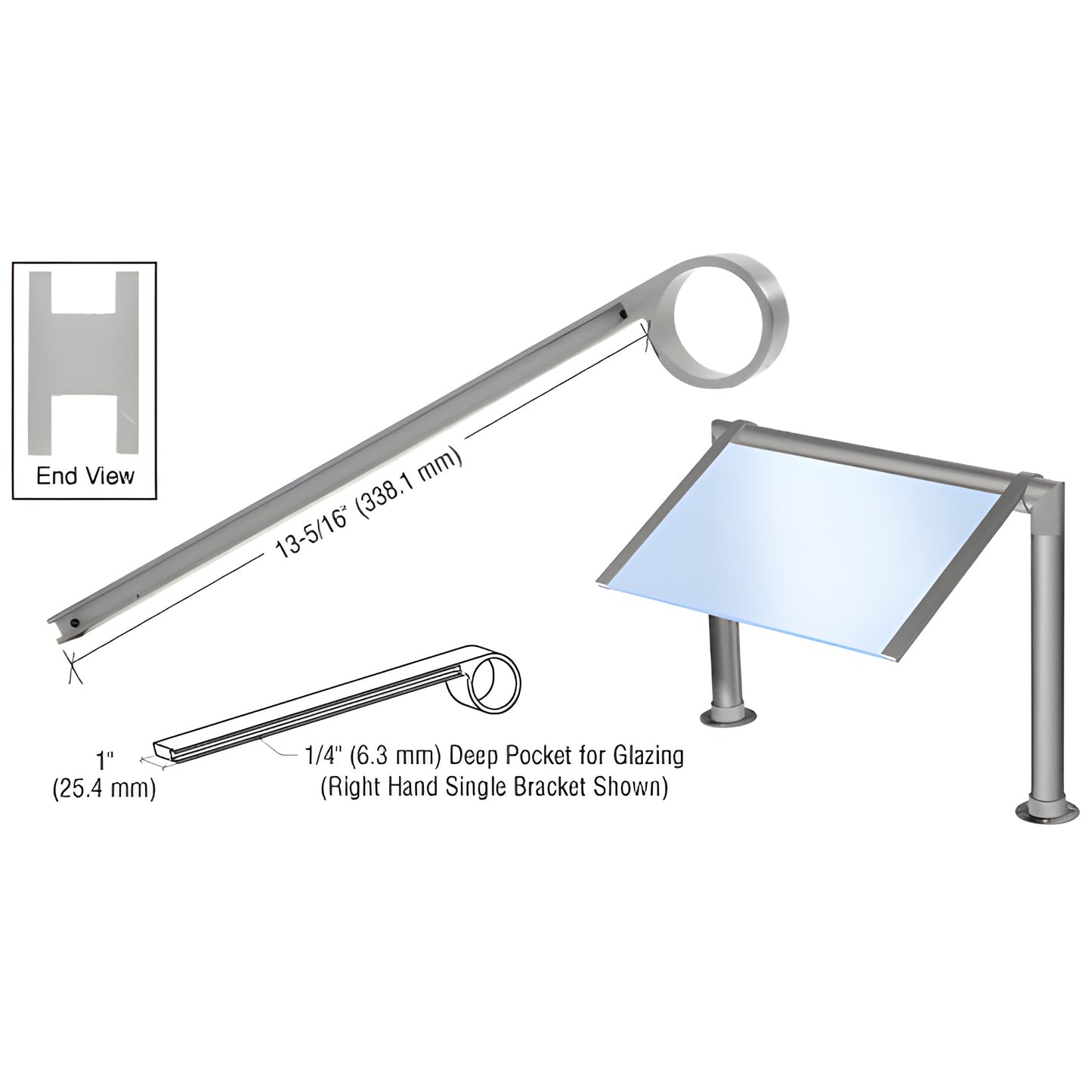 SA42BN brushed nickel single-sided center sneeze guard bracket for 2" tube, angled, holds 1/4" glass.