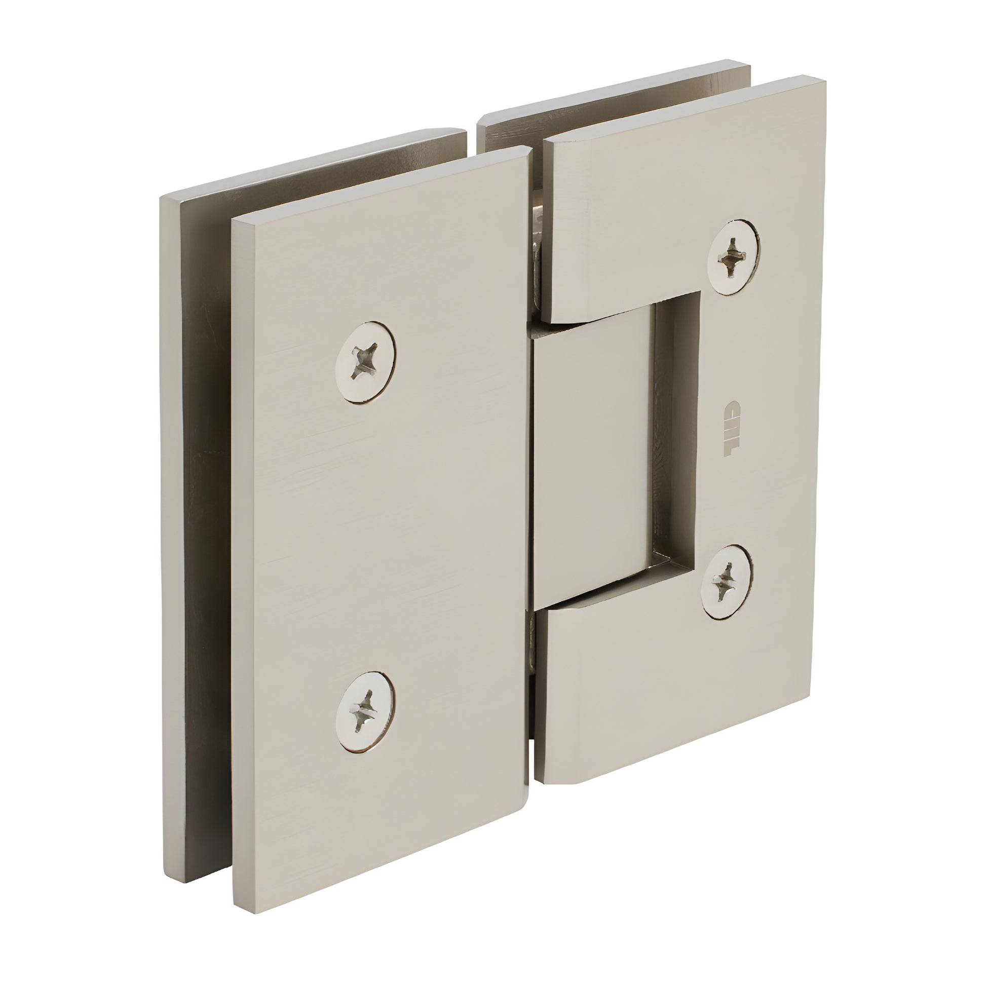 V1E580BN brushed nickel squared Vienna glass-to-glass shower hinge for 3/8-1/2" glass, solid brass, self-centering