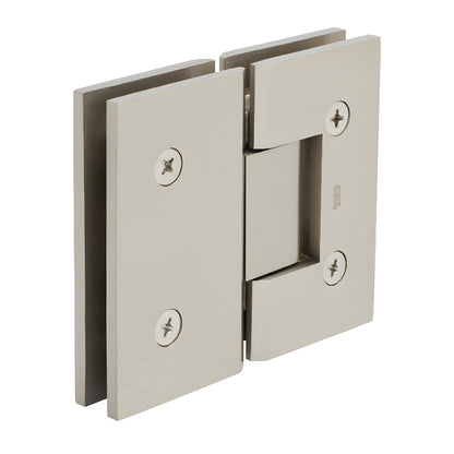 V1E580BN brushed nickel squared Vienna glass-to-glass shower hinge for 3/8-1/2" glass, solid brass, self-centering