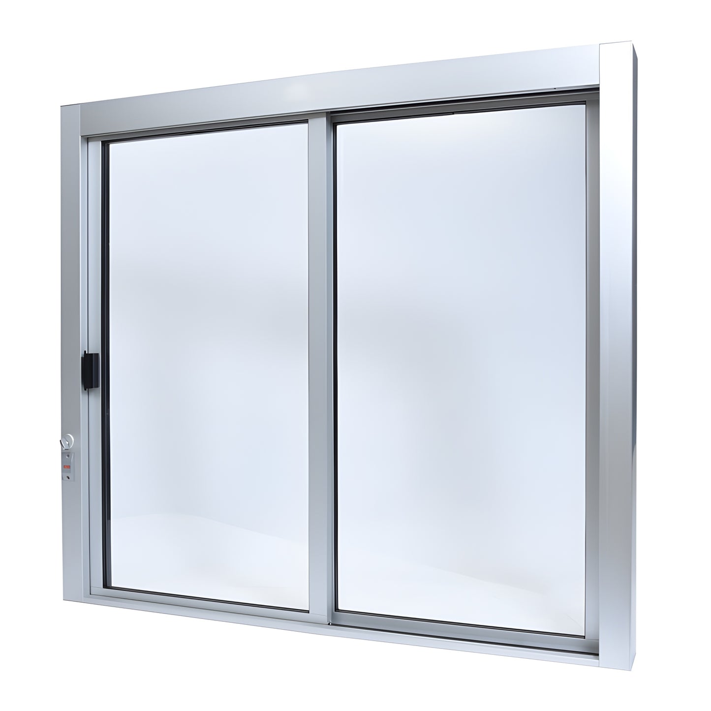 Satin anodized aluminum self-closing XO service window, 471 2" 433 4", sliding panels, thumb-turn lock, full bottom track.