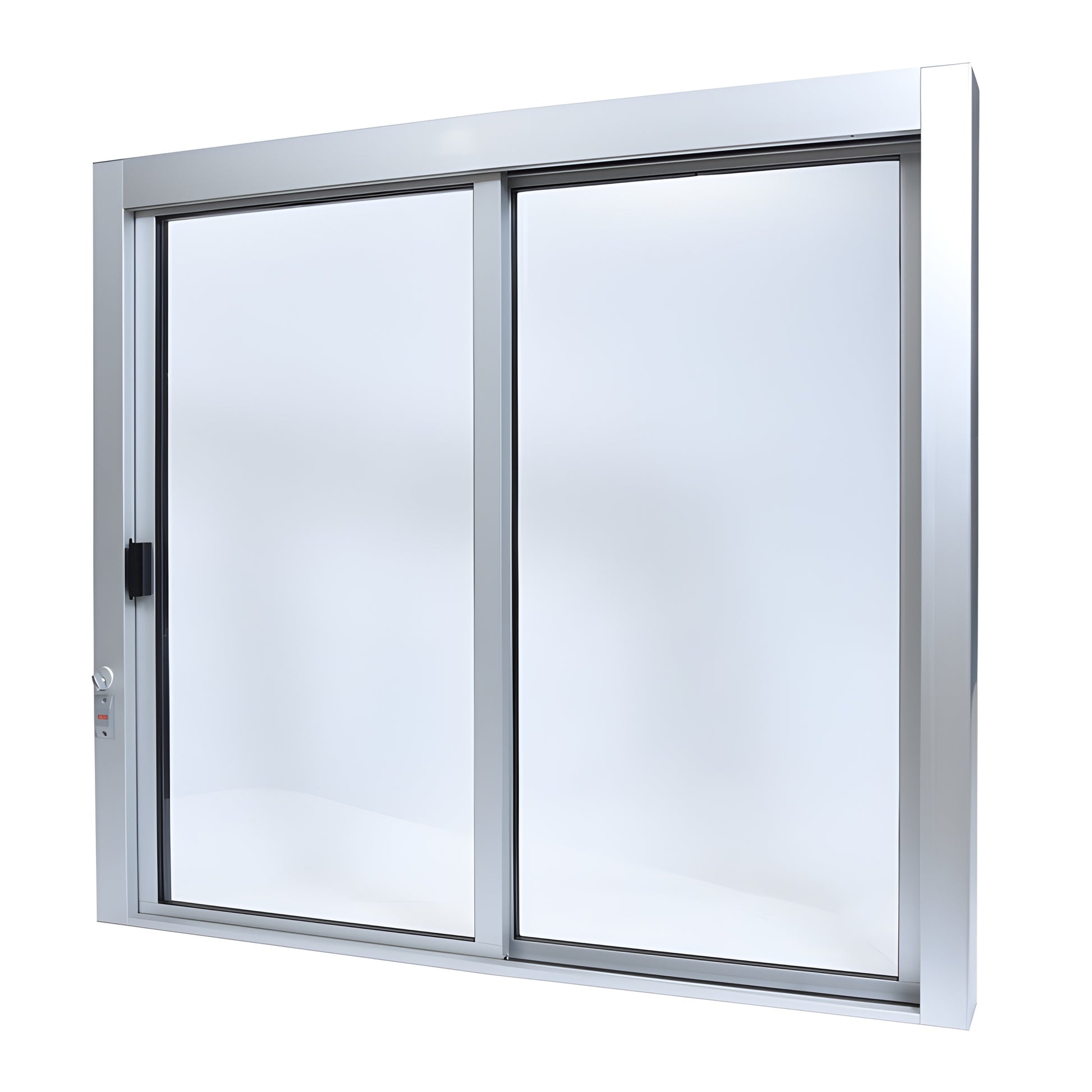Satin anodized aluminum self-closing XO service window, 471 2" 433 4", sliding panels, thumb-turn lock, full bottom track.