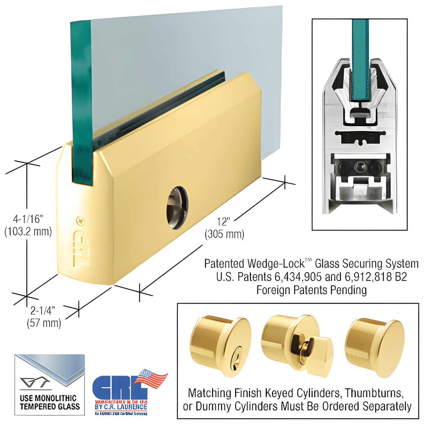 Polished brass 12" tapered Wedge-Lock door rail with lock for 3/4" tempered glass (SKU DR4TPB34PL)