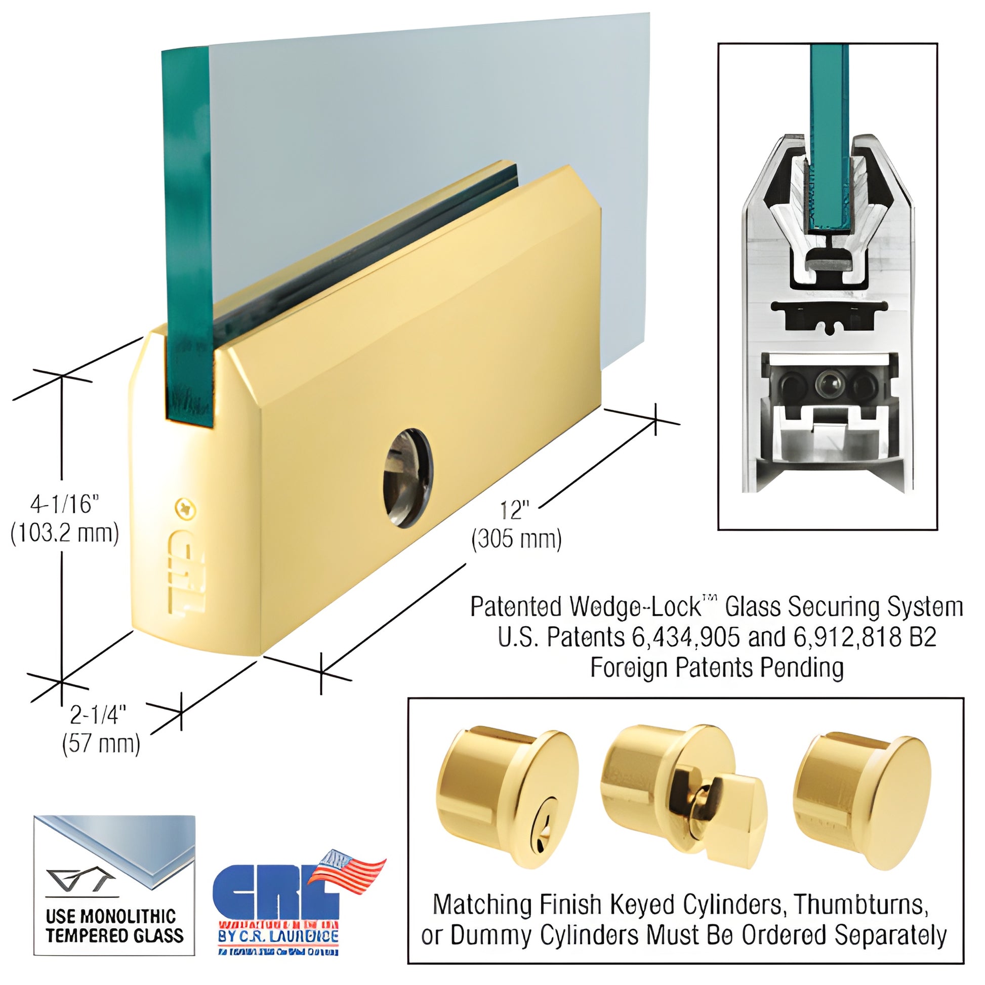 Polished brass 12" tapered Wedge-Lock door rail with lock for 3/4" tempered glass (SKU DR4TPB34PL)
