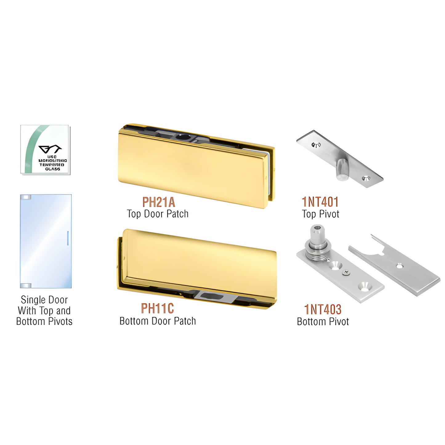 PHE1BR polished-brass European patch kit for single tempered glass door; top/bottom patches and pivots for 3/8-1/2" glass