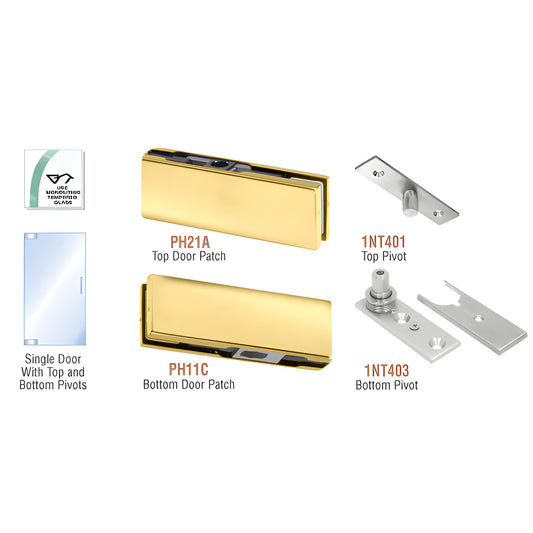 PHE1BR polished-brass European patch kit for single tempered glass door; top/bottom patches and pivots for 3/8-1/2" glass