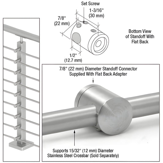 CBR8BS brushed 316 stainless flat-back standoff connector, 7/8" diameter, slip-fit surface mount for 12mm crossbar.