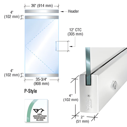 P4PS12SEL P-style polished stainless dry-glaze frameless door kit for 1/2" (12mm) tempered glass, net width 35-3/4".