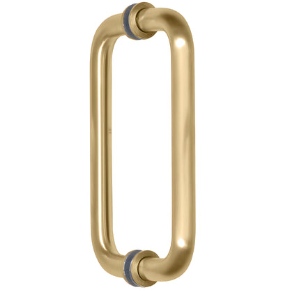 BM8X8SB satin brass 3/4" tubular back-to-back shower/wardrobe pull handle with metal washers, 8" c-c