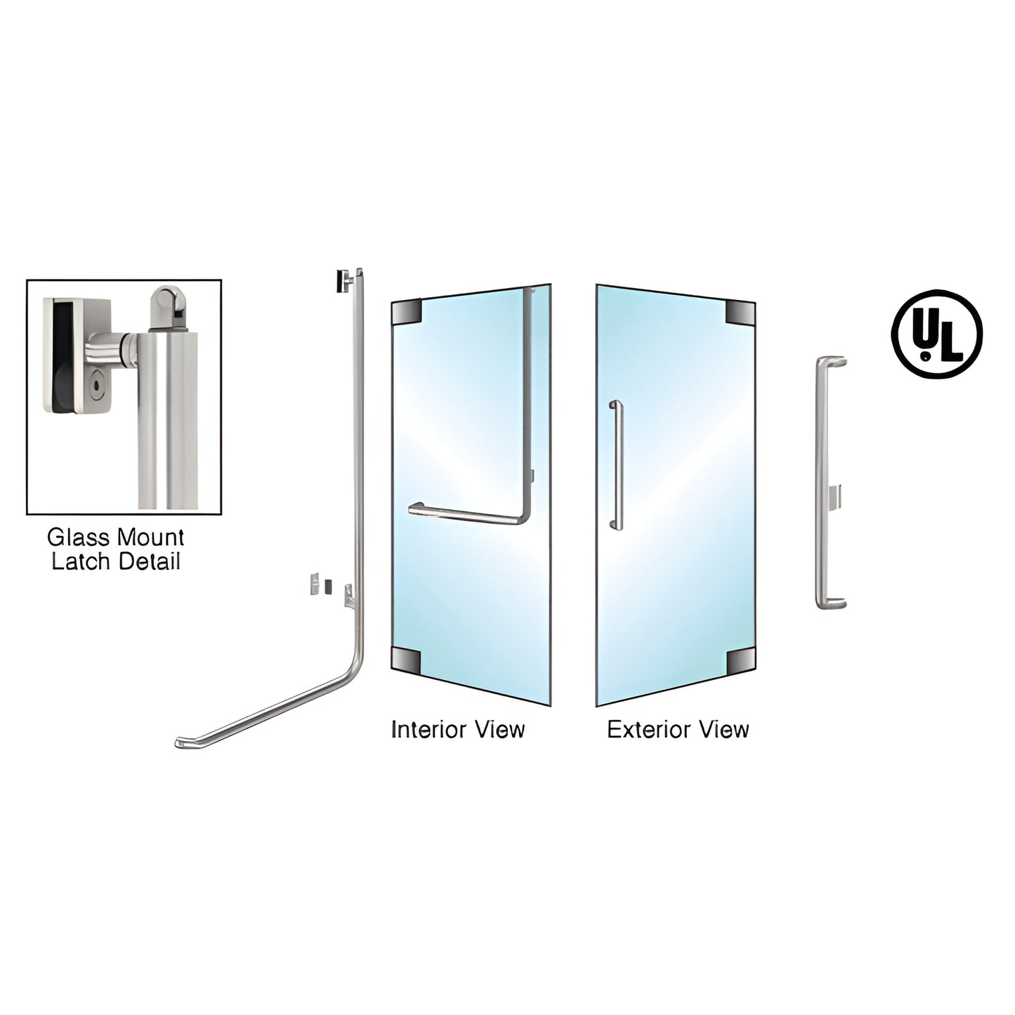PA100X3GPBS brushed stainless panic handle for 1/2 or 3/4 in glass doors, interior tubular push bar, top latch, right-hand re