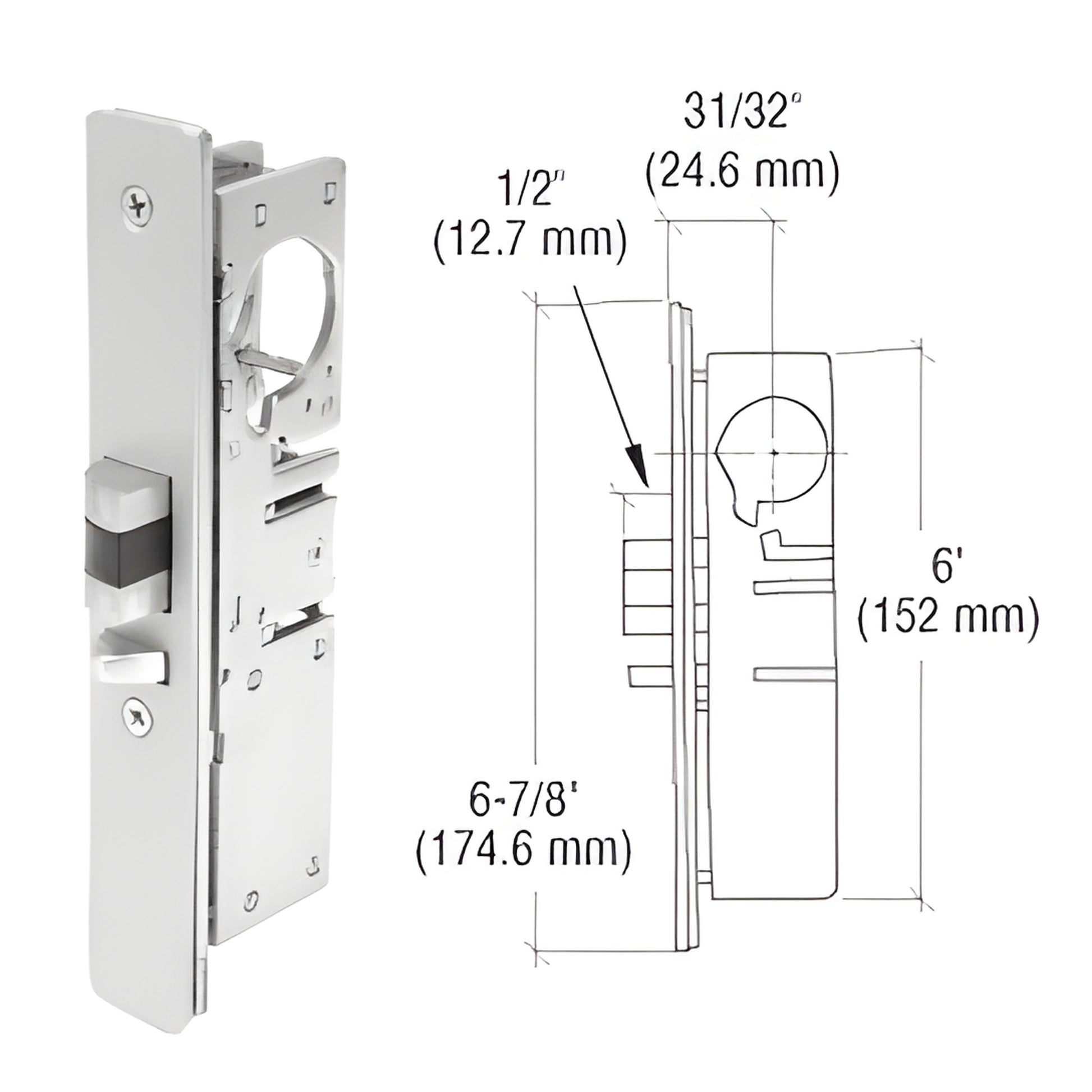 DL2140ALH narrow-stile aluminum deadlock, steel internals, 1/2" throw, selectable 31/32" or 1-1/8" backset, photo+diagram.