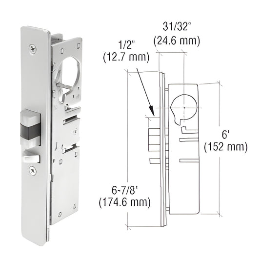 DL2140ALH narrow-stile aluminum deadlock, steel internals, 1/2" throw, selectable 31/32" or 1-1/8" backset, photo+diagram.