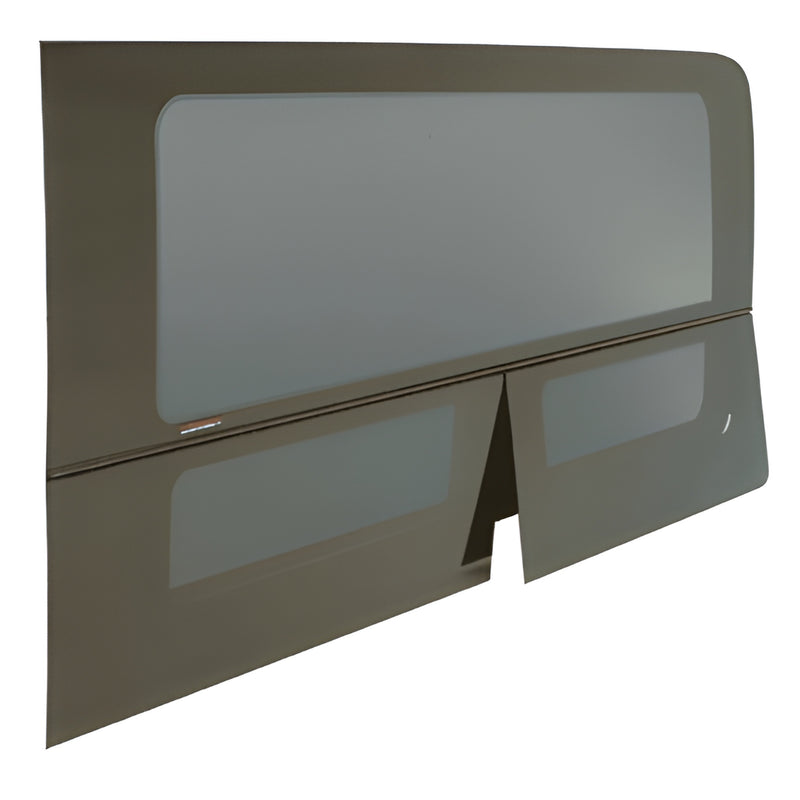 FW626L driver-side rear quarter vent window for 2007-19 Sprinter, all-glass look, 28% dark gray tinted