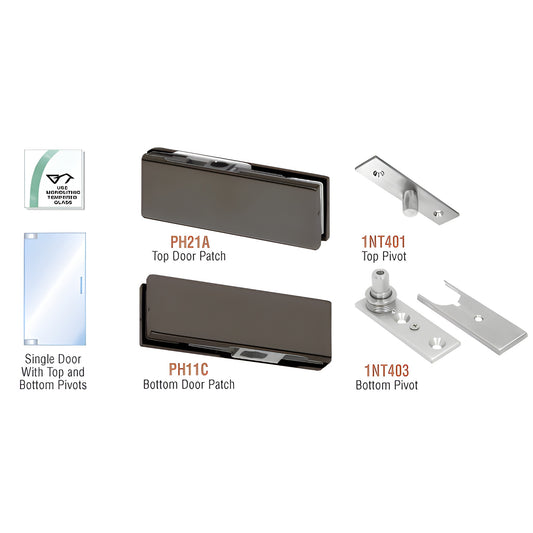PHE1DU European patch door kit - black bronze top and bottom patches with top/bottom pivots for 3/8-1/2" tempered glass