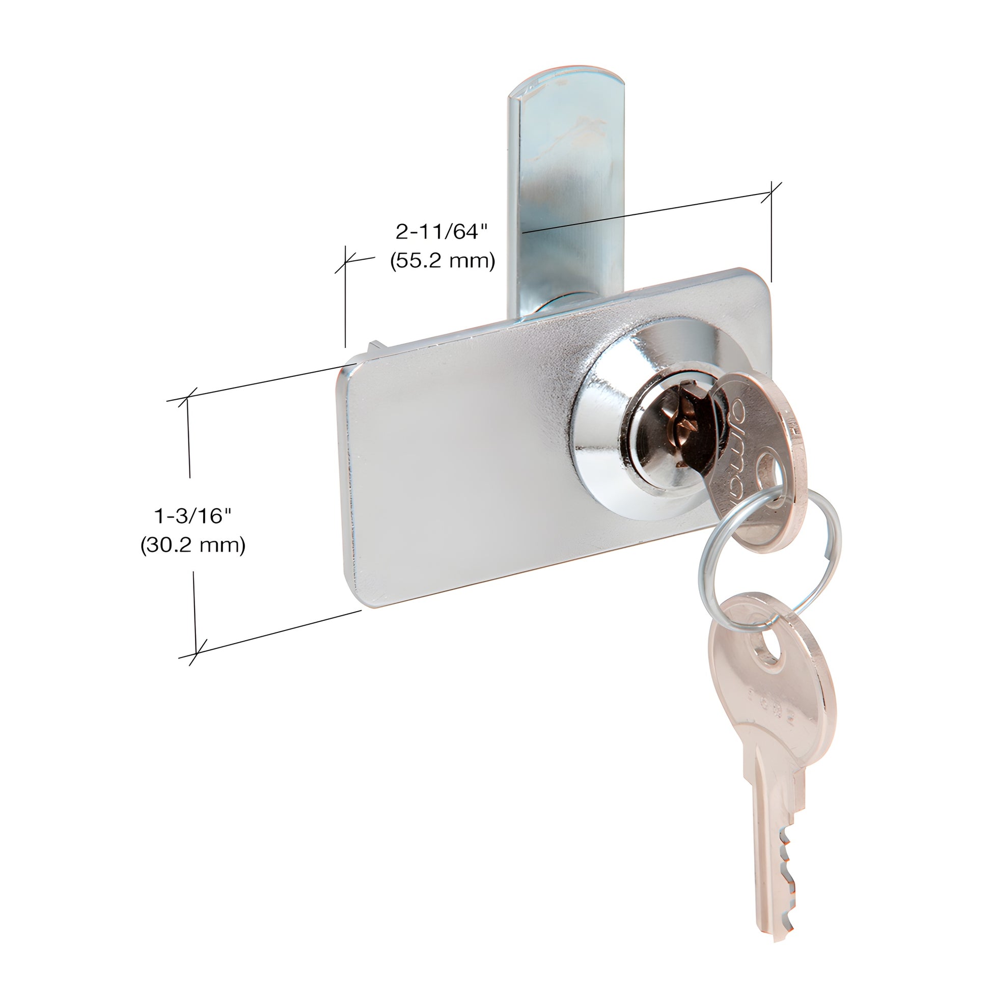 Polished chrome double-door cam lock (SKU 0916CHKA) for 5-6mm glass with overlapping lip, shown with keys.