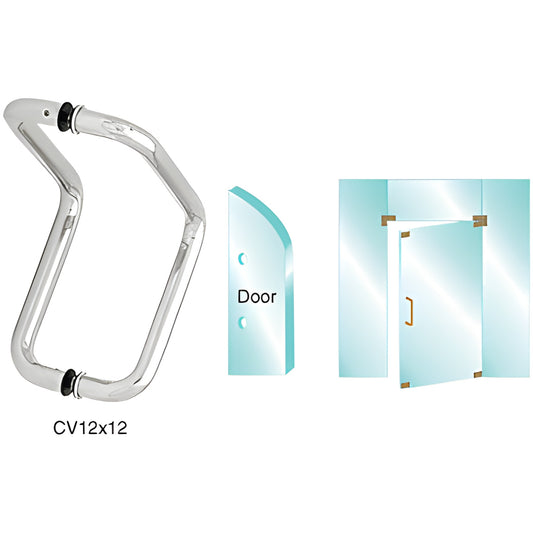 Polished stainless steel back-to-back glass door elbow pull, 12" centers, fits 3/8-3/4" tempered glass. SKU CV12X12PS