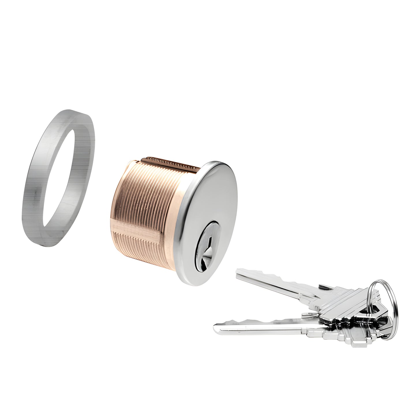 DRA50BS single mortise 5 pin key cylinder, brass body with brushed stainless face, retainer ring and keys (keyed alike)