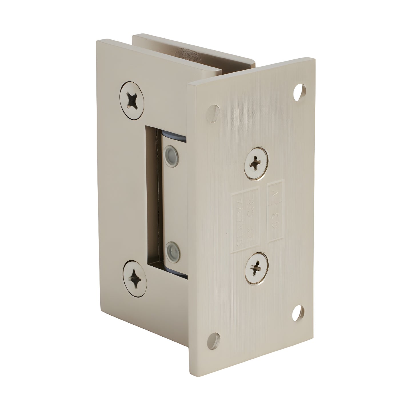 Satin nickel Geneva adjustable shower door hinge with full back plate for 5/16-1/2 (8-12mm) glass, SKU GEN337SN