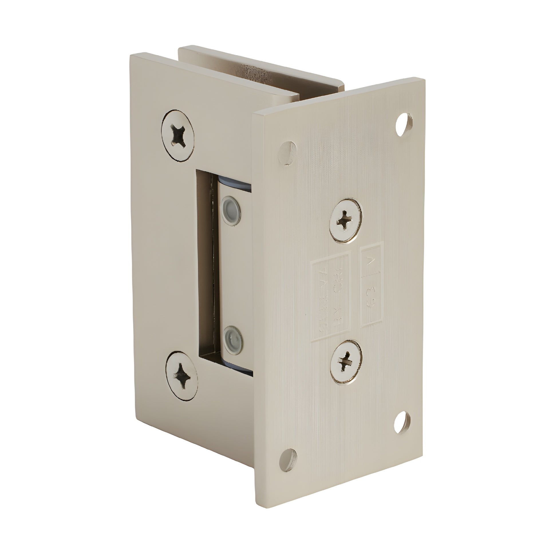 Satin nickel Geneva adjustable shower door hinge with full back plate for 5/16-1/2 (8-12mm) glass, SKU GEN337SN
