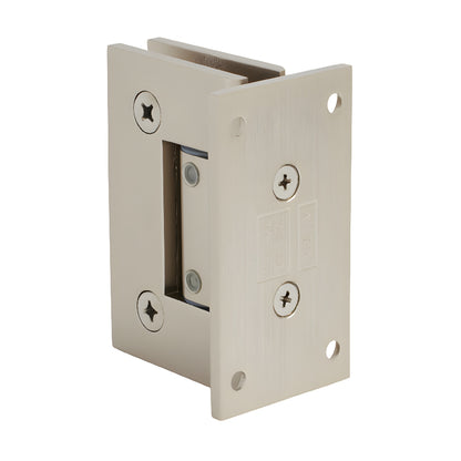 Satin nickel Geneva adjustable shower door hinge with full back plate for 5/16-1/2 (8-12mm) glass, SKU GEN337SN