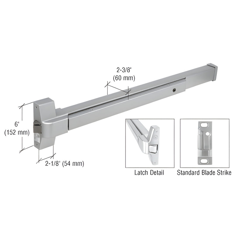 DL950SS satin stainless steel push-pad rim panic exit device, 34-7/8" length, includes blade strike and latch detail