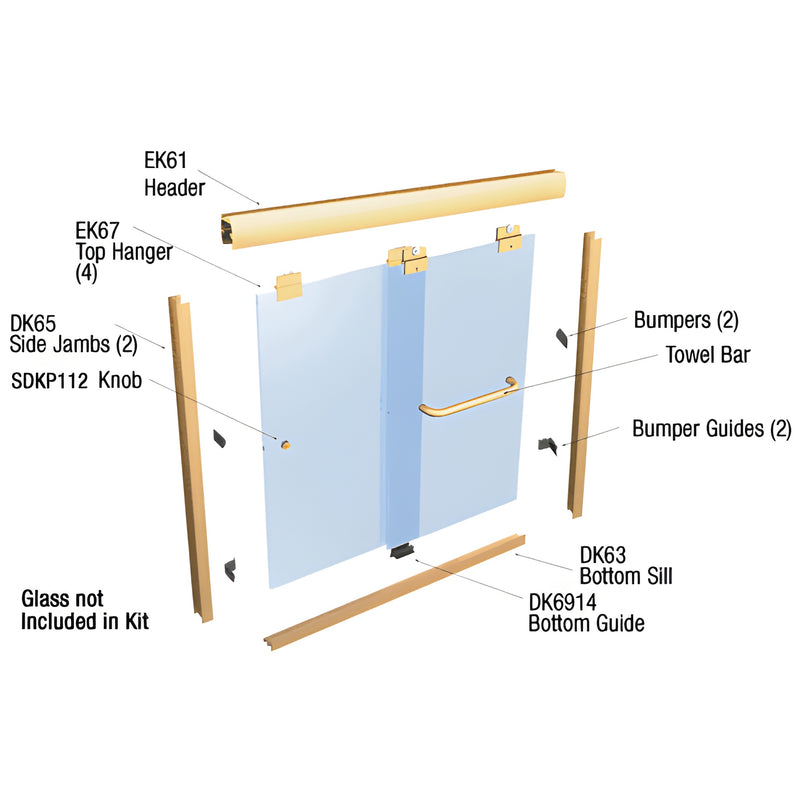 EK146072BGA frameless sliding shower door kit, brite gold anodized aluminum header, clamp-on hangers, 1/4" glass