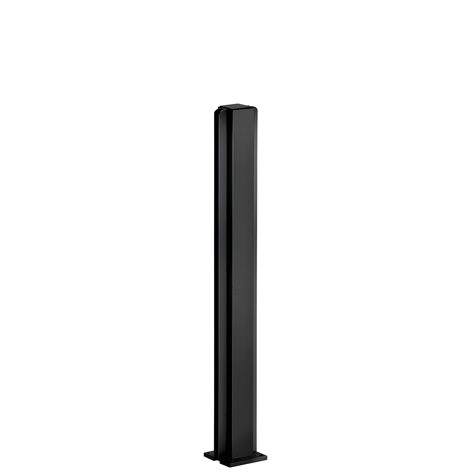 Matte black aluminum 18in square center partition post with base, full-length glazing channels for 1/4in glass.