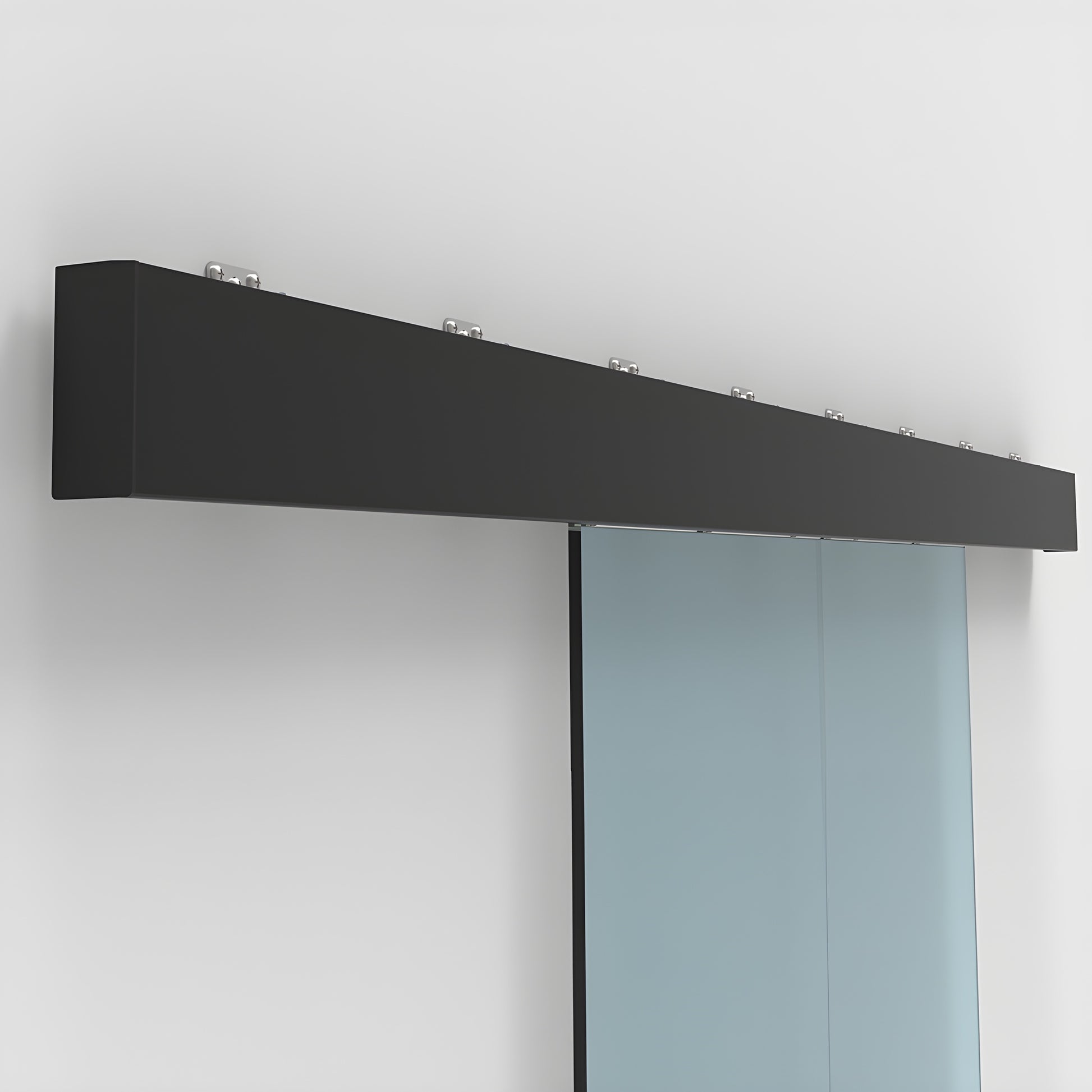 CRL70S2MBL matte black top-hung sliding glass door track with dual bi-parting tempered glass panels