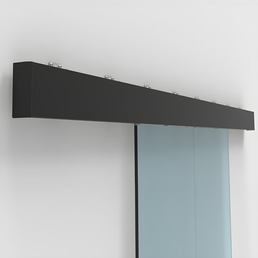CRL70S2MBL matte black top-hung sliding glass door track with dual bi-parting tempered glass panels
