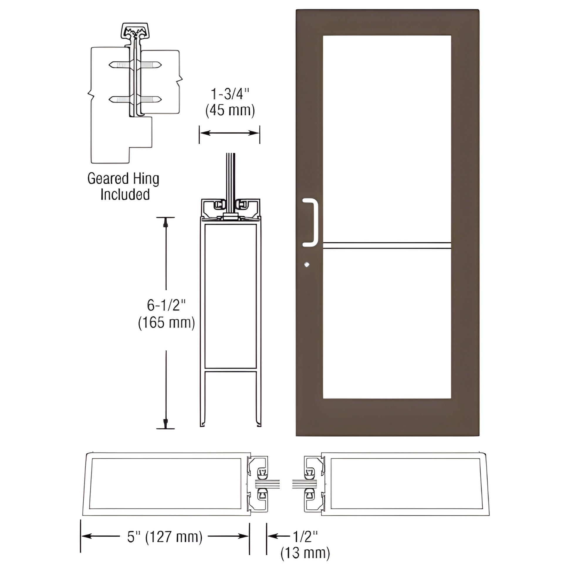 DC51822 Black Bronze anodized wide-stile commercial entrance door, 5-inch stiles, 6-1/2-inch bottom rail, geared hinge includ