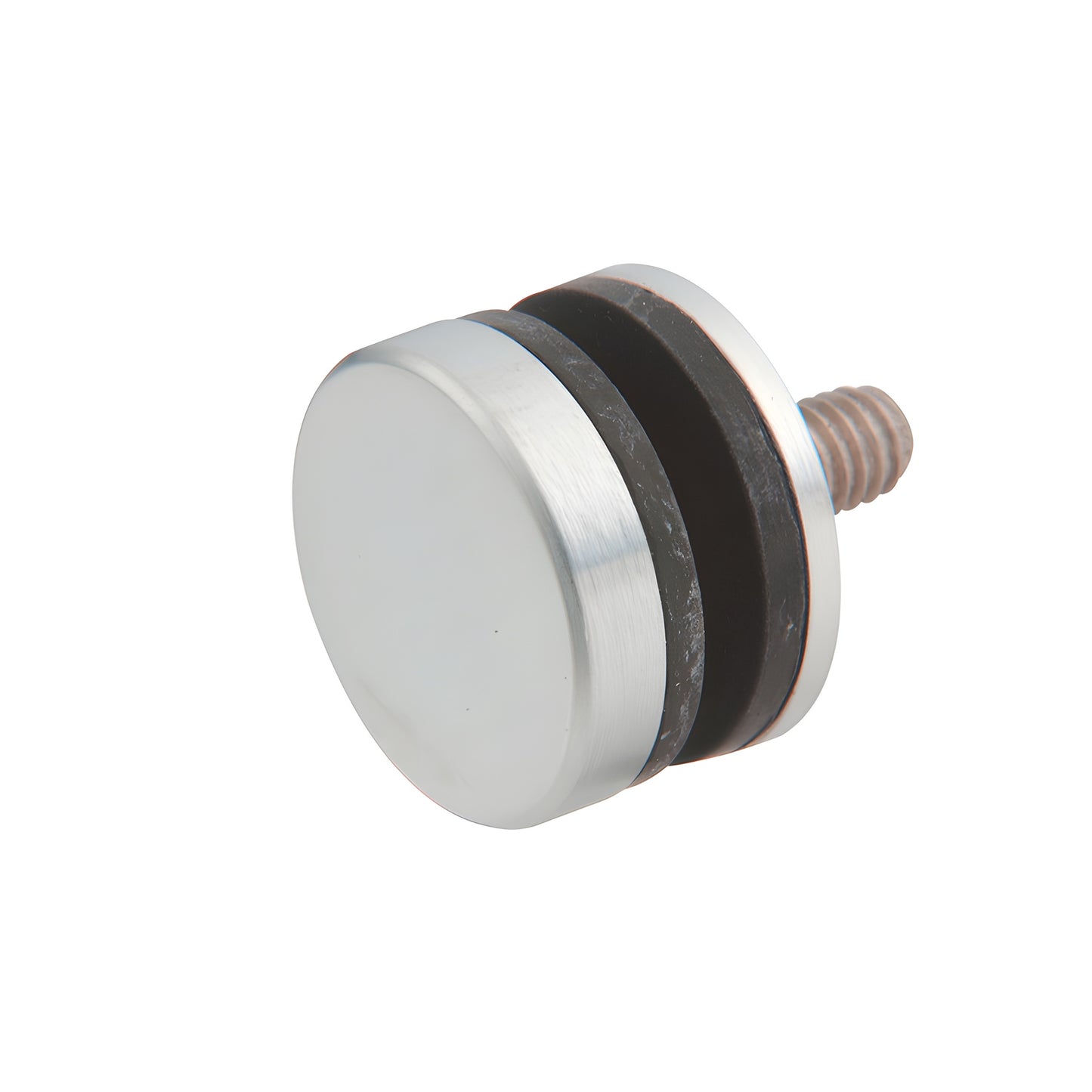 Brushed stainless steel replacement cap and washer kit (F40SKBS) with rubber spacers and threaded stud for glass door pulls.