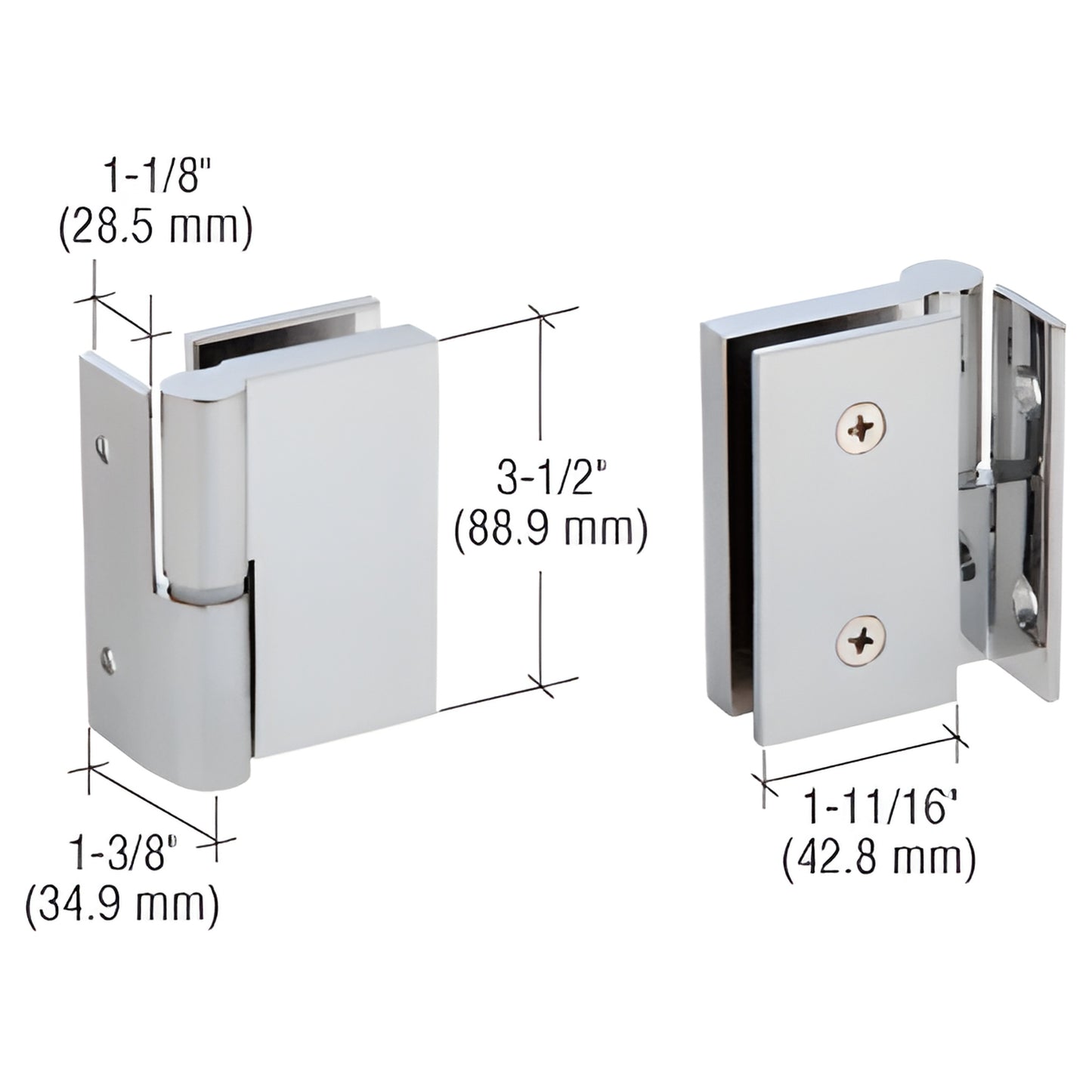 GH037RBS right-handed brushed 316 stainless wall-to-glass self-closing hinge for tempered glass panels, dimensions shown.