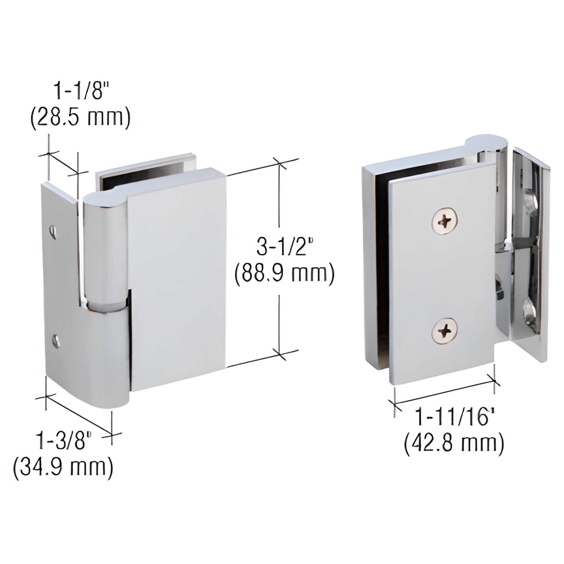 GH037RBS right-handed brushed 316 stainless wall-to-glass self-closing hinge for tempered glass panels, dimensions shown.