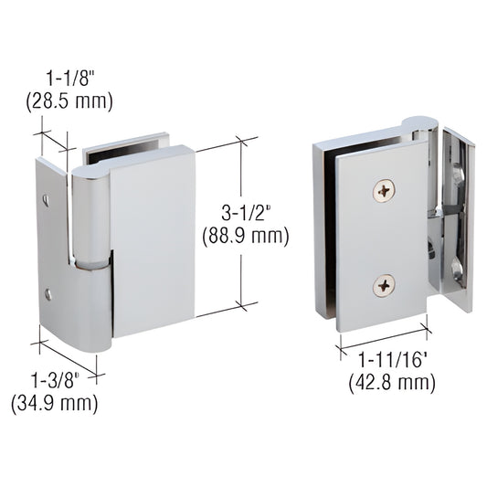 GH037RBS right-handed brushed 316 stainless wall-to-glass self-closing hinge for tempered glass panels, dimensions shown.