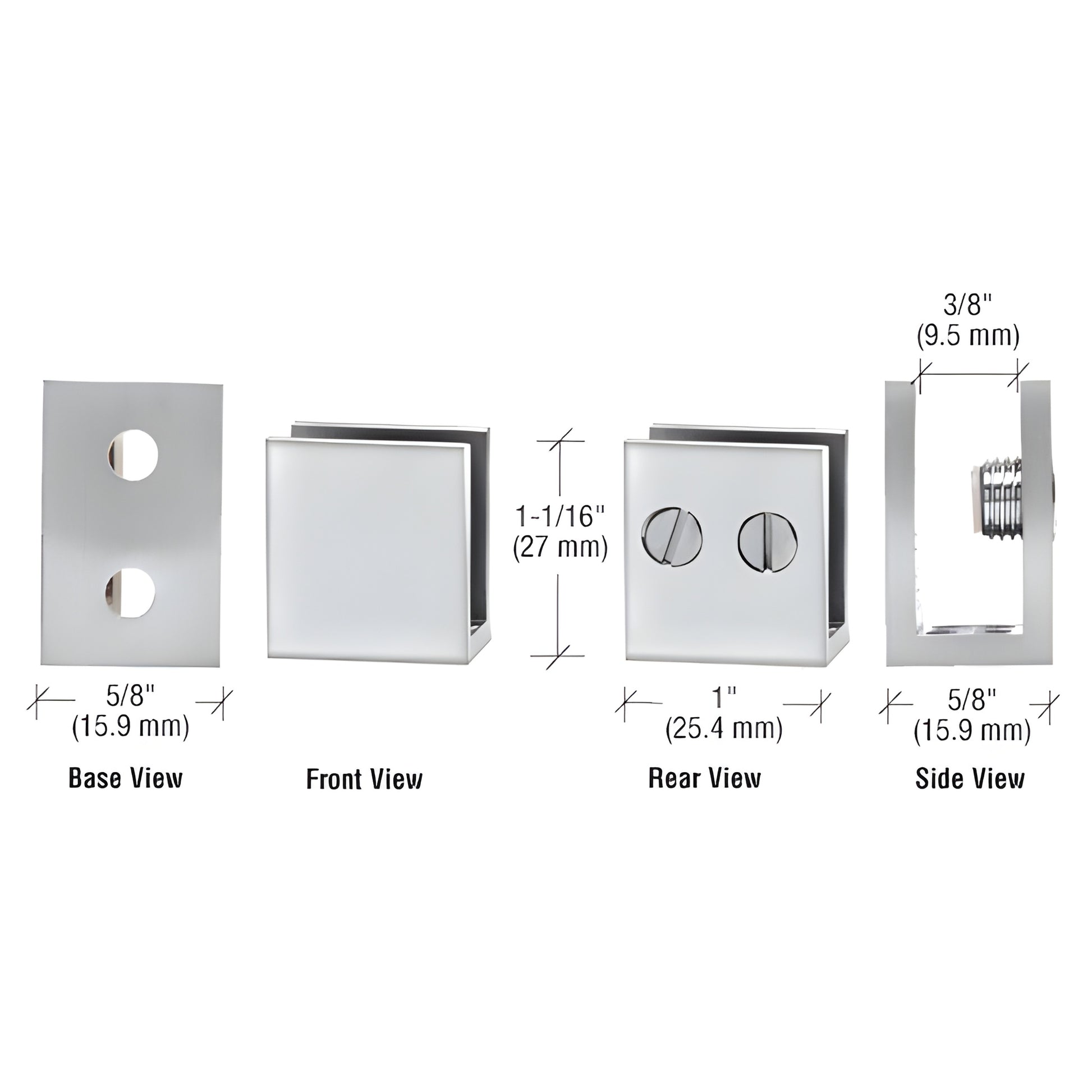 Polished chrome brass double set-screw glass clamp EH34, 1" 5/8" 1-1/16", fits 6-8mm (1/4-5/16") glass