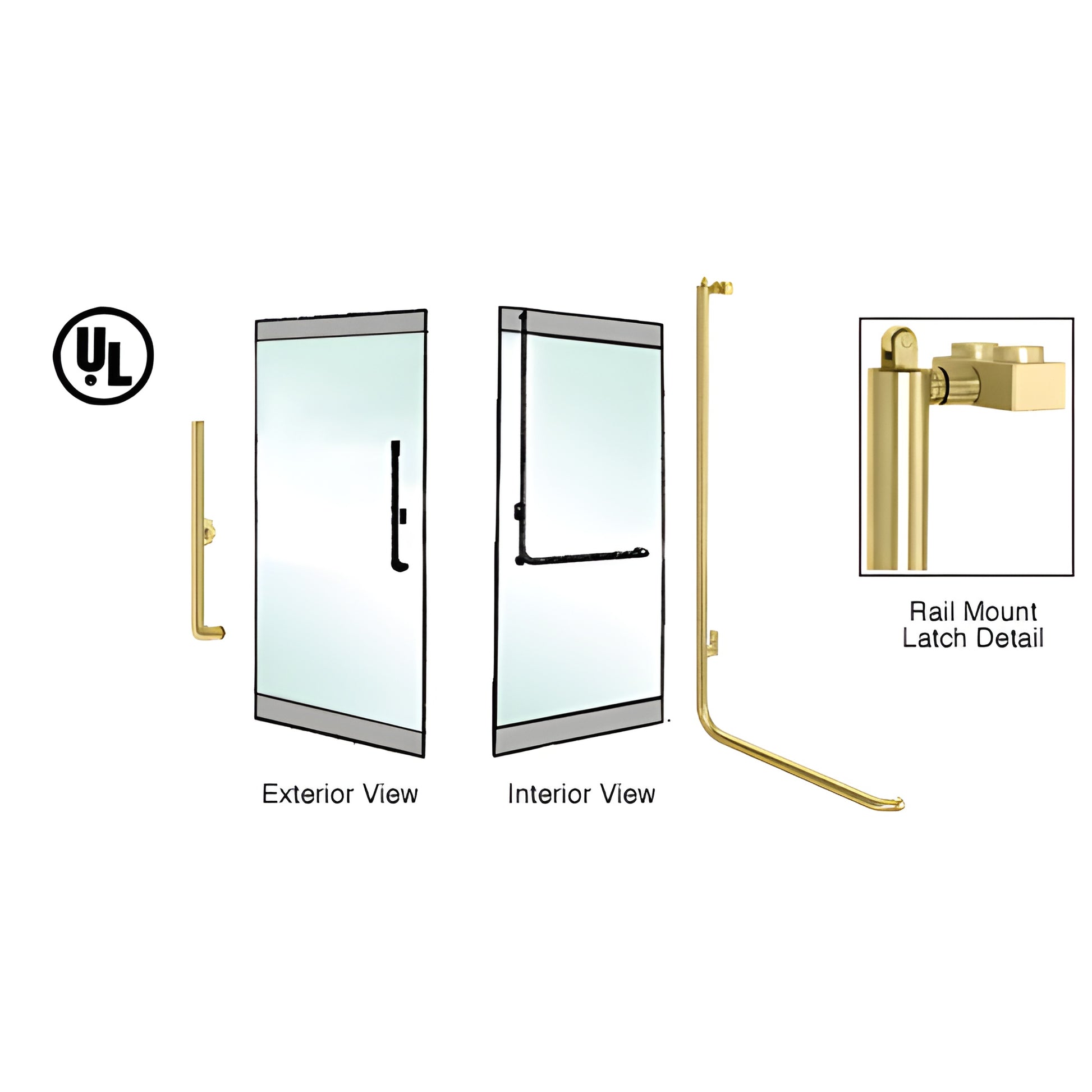 PA100H4RKSB satin brass DRS rail-mount panic handle for 1/2 in glass, 1-1/4 in tube - exterior keyed, left-hand reverse