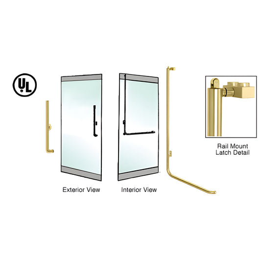 PA100H4RKSB satin brass DRS rail-mount panic handle for 1/2 in glass, 1-1/4 in tube - exterior keyed, left-hand reverse