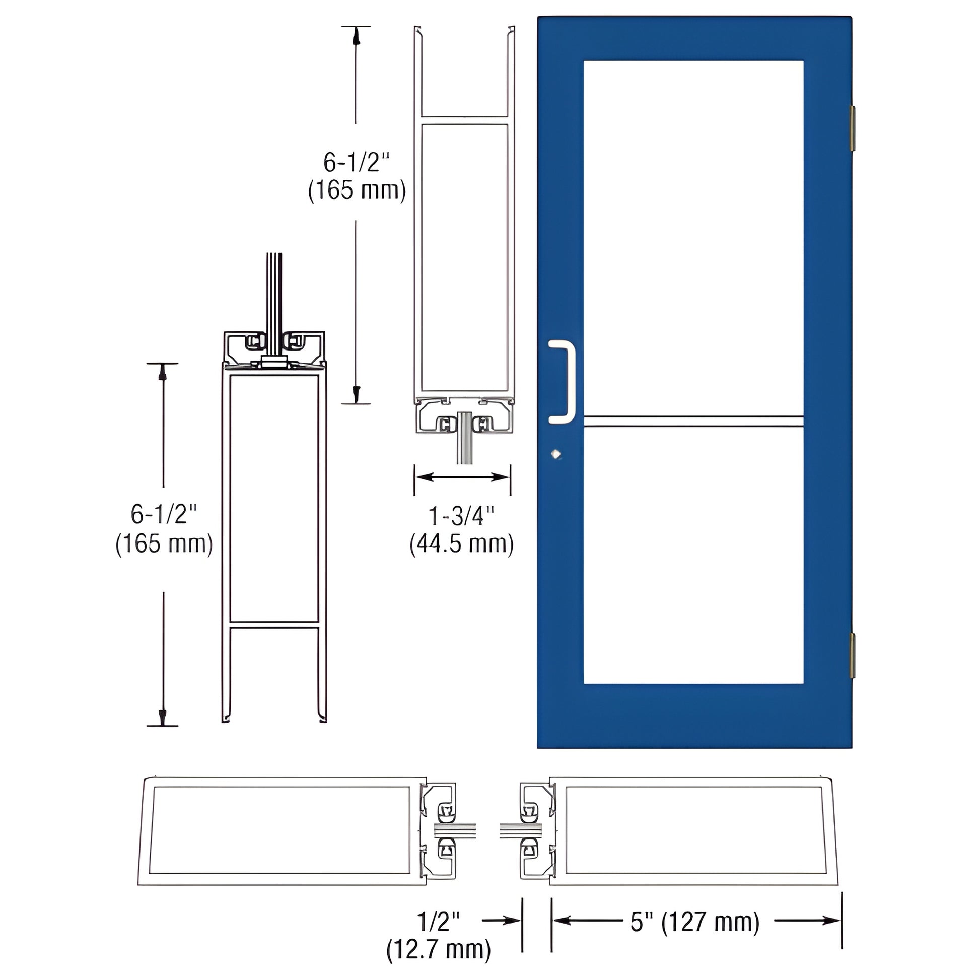 Blue custom wide-stile commercial entrance door with glass, 5" stiles and 6-1/2" bottom rail (SKU DC51471)