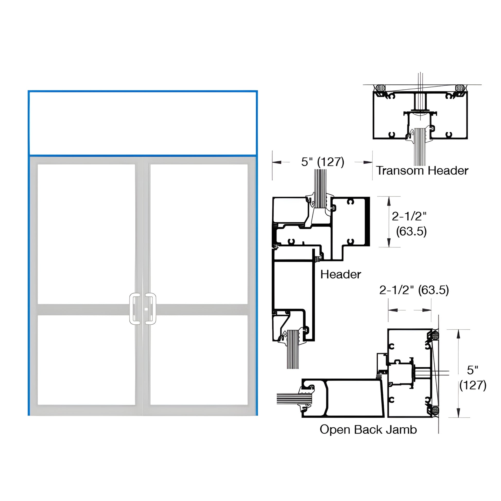 Technical drawing of custom Kynar double-transom impact door frame with profiles and dimensions. SKU 0P62571