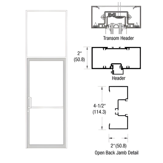White Kynar custom aluminum door frame with transom, included threshold and 2" x 4-1/2" open-back jamb detail.