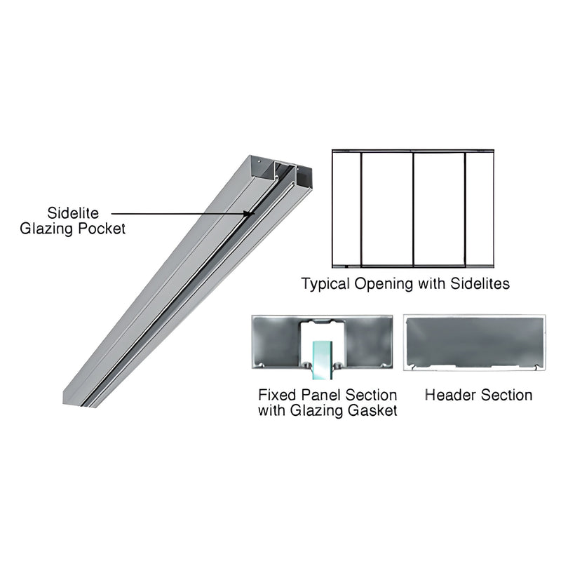 Brushed stainless 4" header extrusion with glazing pocket, SKU DCH40BSC - angled view with cross sections and sidelite diagra