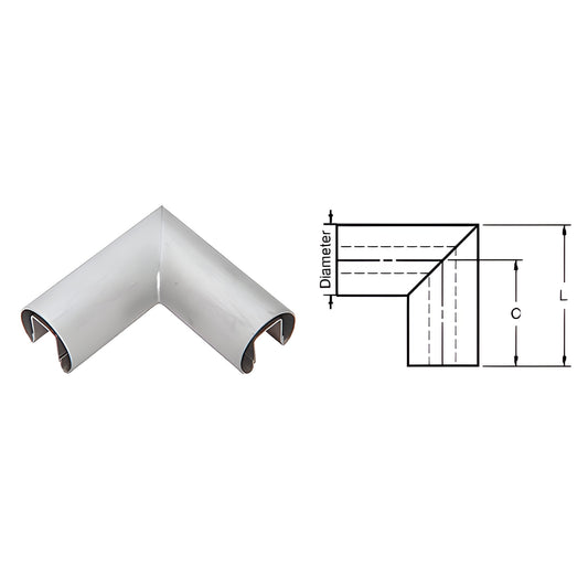 GR15HBS stainless 90 cap rail corner, 1-1/2 in dia, slip-fit for 1/2" or 5/8" glass.