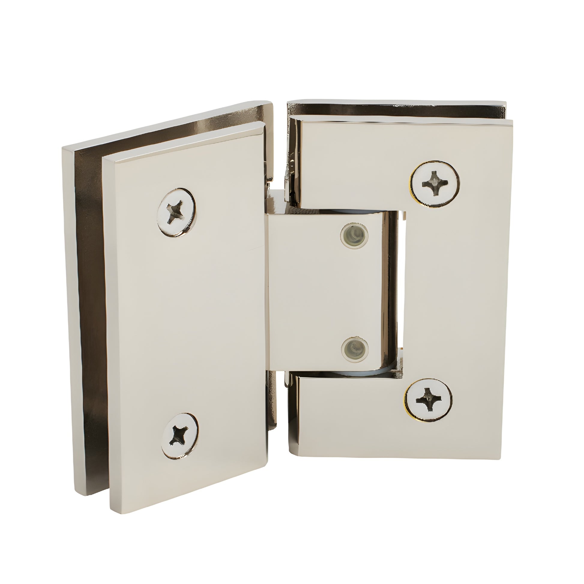 Polished nickel brass Geneva adjustable glass-to-glass shower hinge, self-centering, fits 8-12mm glass (GEN345PN)