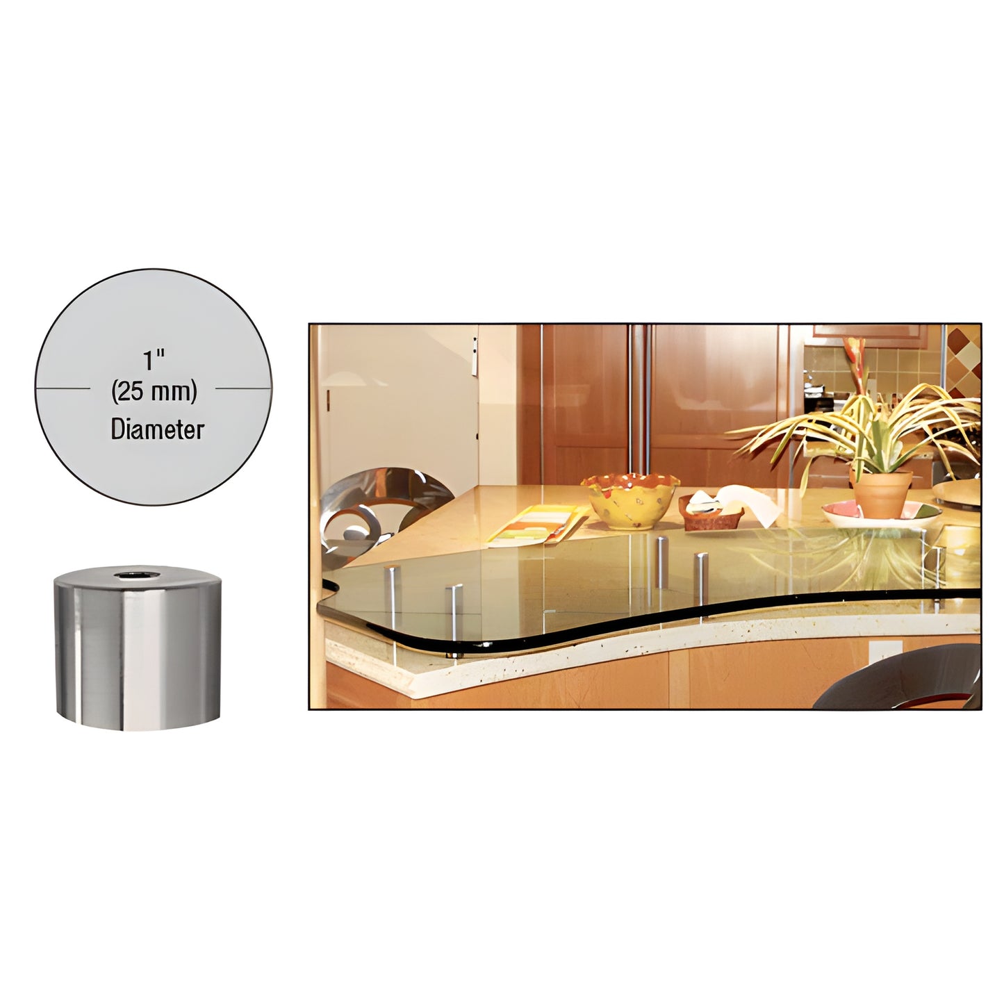 1" diameter brushed 316 stainless standoff for glass panels, fully threaded 1/4-20, SKU S0B101BS