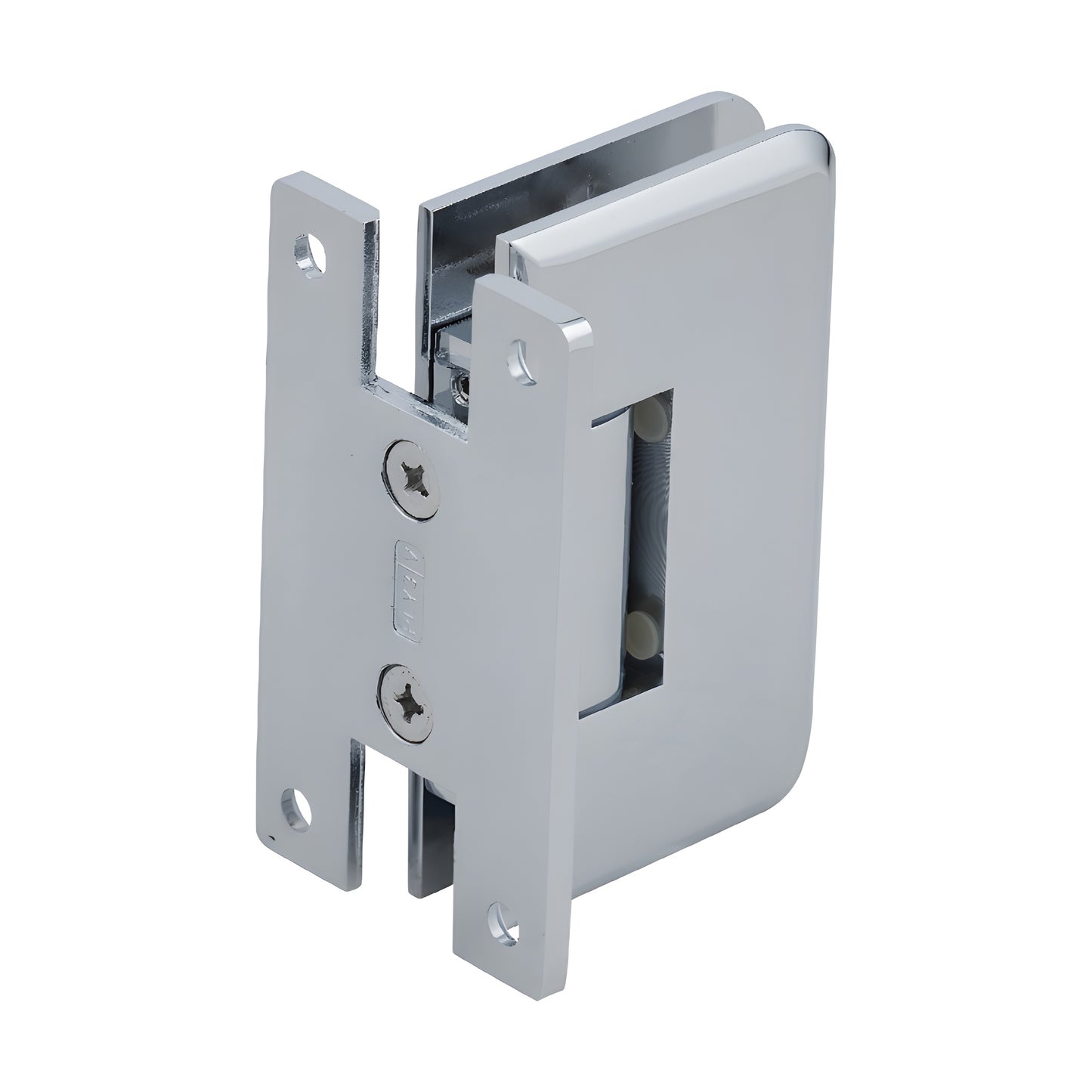 PLY037CH polished chrome brass frameless shower door hinge, wall-mount self-centering, fits 3/8-1/2" tempered glass