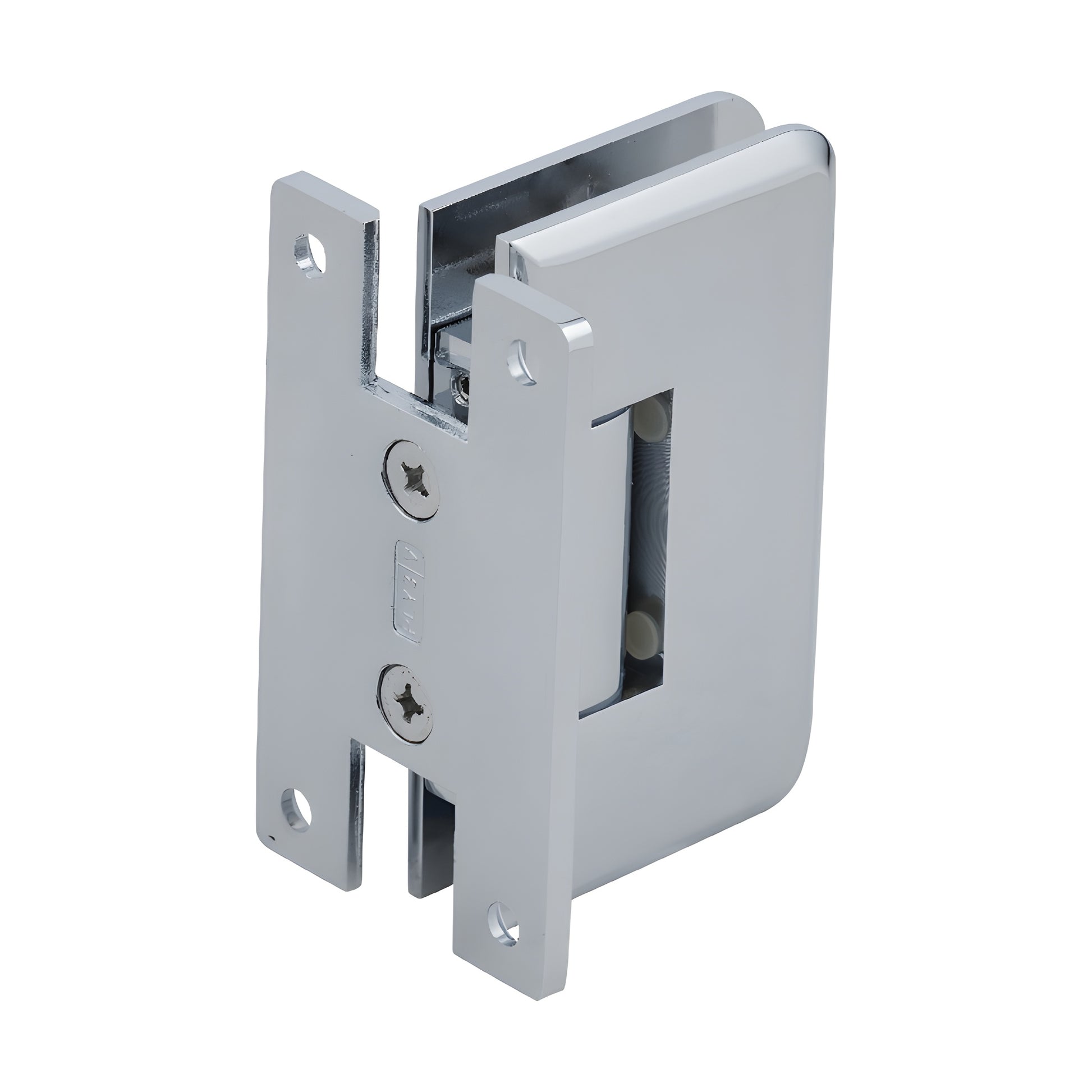 PLY037CH polished chrome brass frameless shower door hinge, wall-mount self-centering, fits 3/8-1/2" tempered glass