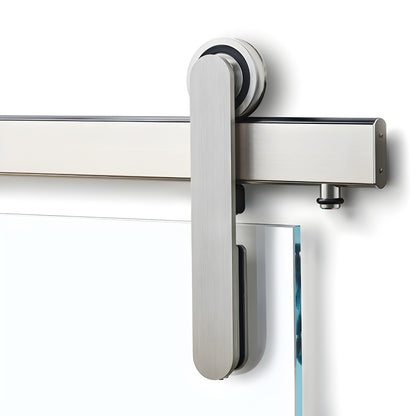 Brushed stainless Meridian frameless glass sliding door kit - roller and 96" track for 3/8-1/2" tempered glass (SKU LAT34MERB