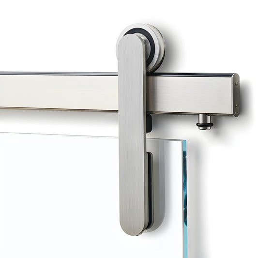 Brushed stainless Meridian frameless glass sliding door kit - roller and 96" track for 3/8-1/2" tempered glass (SKU LAT34MERB