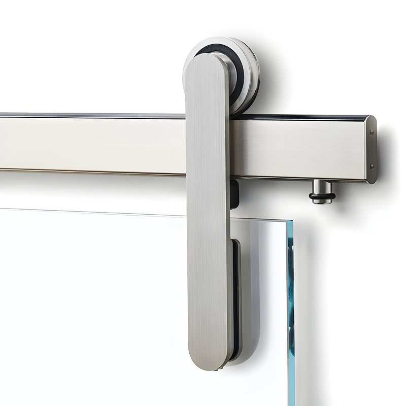 Brushed stainless Meridian frameless glass sliding door kit - roller and 96" track for 3/8-1/2" tempered glass (SKU LAT34MERB