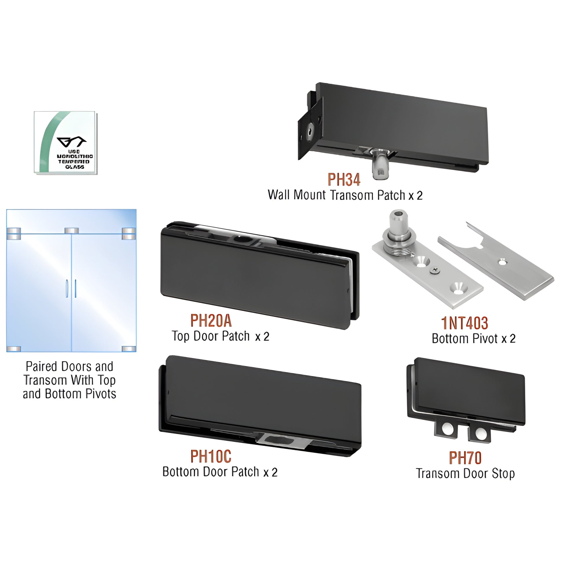 PHA6MBL matte black pivot patch kit for paired glass doors with transom - top/bottom patches, pivots, gaskets for 3/8-1/2" gl